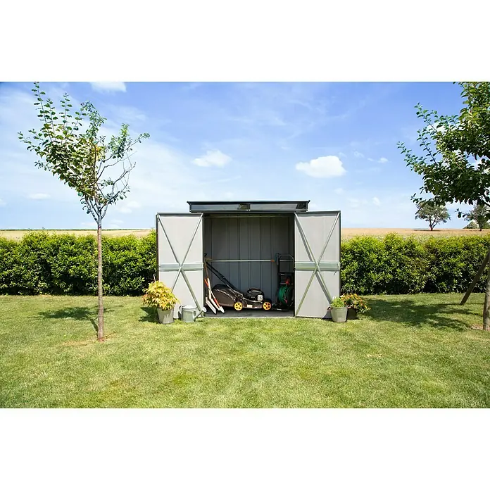 Spacemaker Gerätehaus Onyx - Außenbreite inkl. Dachüberstand: 208 cm, Außentiefe inkl. Dachüberstand: 130 cm, Stahl, Onyxschwarz - Stimmungsaufnahme