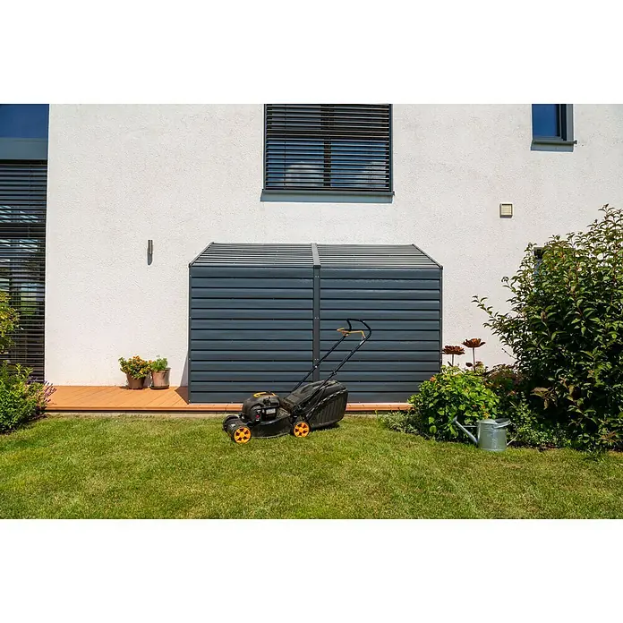 Spacemaker Gerätehaus 4x10 - Außenbreite inkl. Dachüberstand: 295 cm, Außentiefe inkl. Dachüberstand: 295 cm, Stahl, Grau - Stimmungsaufnahme