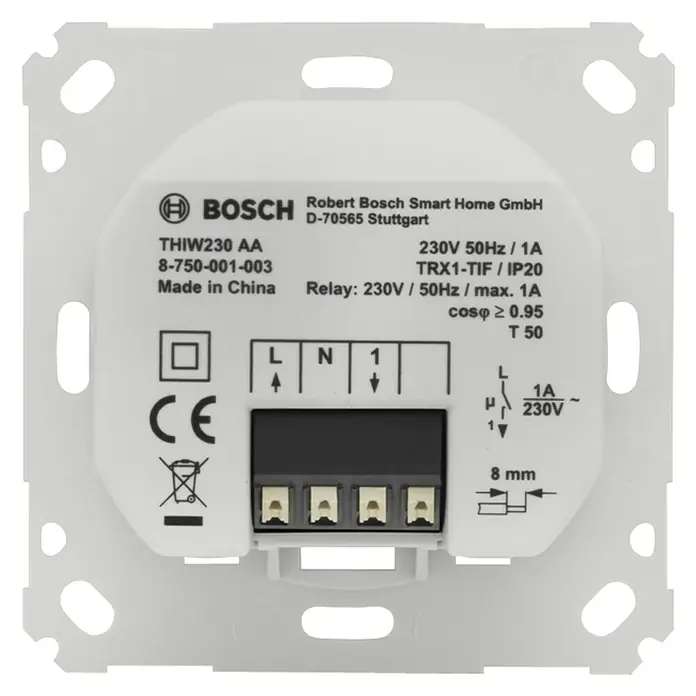 Bosch Smart Home Raumthermostat Fußbodenheizung - 230 V/50 Hz, Weiß, 8,6 x 8,6 x 5,4 cm - Rückansicht
