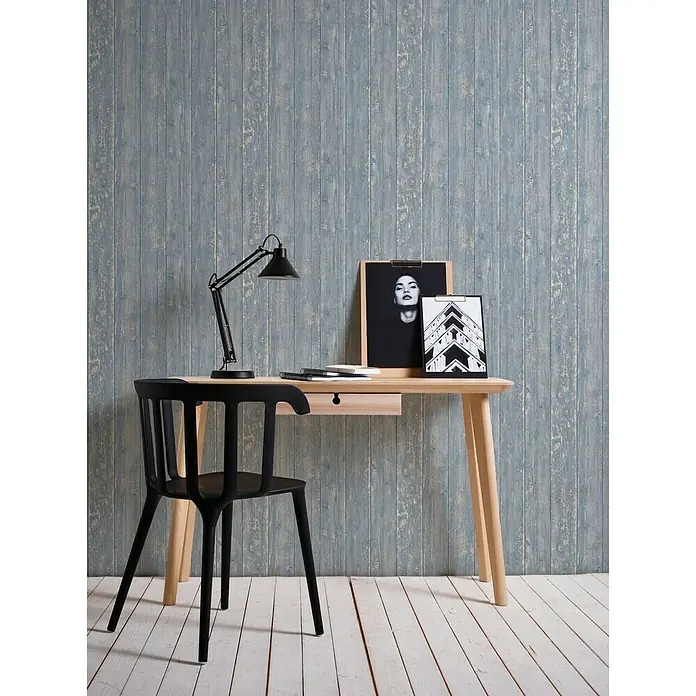 Lutèce Authentic Walls 2 Vliestapete - Blau/Grau, Holzoptik, 10,05 x 0,53 m - Stimmungsaufnahme