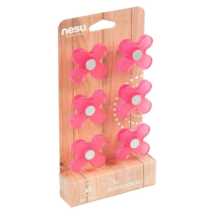 Nesu Set de tiradores para muebles Flor fucsia 6 uds. - L x An x Al: 4,3 x 3,8 x 2,6 cm
