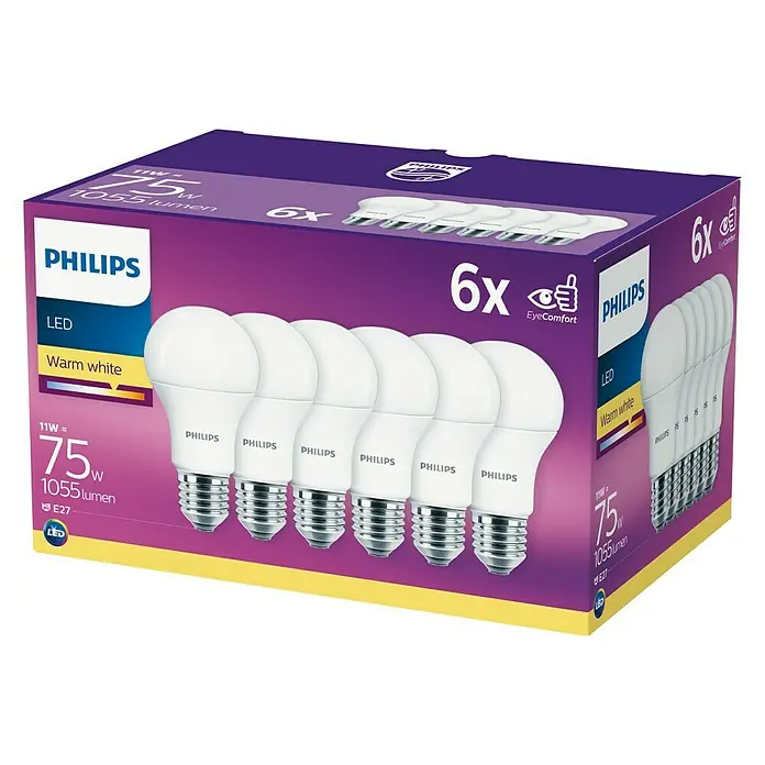 Philips Bombilla LED - 6 uds., E27, 11 W, Color de luz: Blanco cálido, No regulable