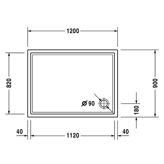Duravit Duschwanne Starck Slimline - L x B: 120 x 90 cm, Kunststoff, Weiß, Ohne Antirutsch-Oberfläche - Skizze