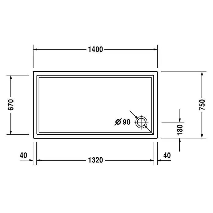 Duravit Duschwanne Starck Slimline - L x B: 140 x 75 cm, Kunststoff, Weiß, Ohne Antirutsch-Oberfläche - Skizze