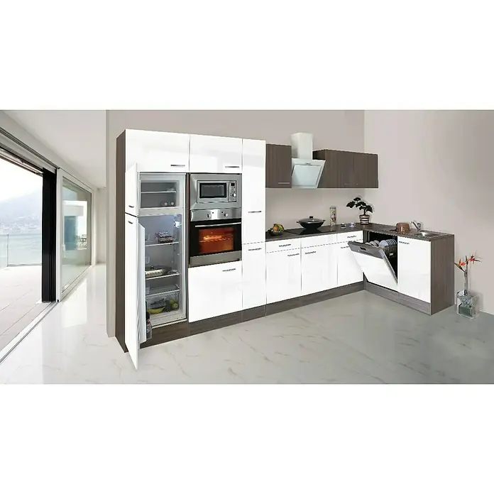 Respekta Winkelküche KBL370EYWMIGKEOE - 370 x 172 cm, Mit Elektrogeräten, Weiß Seidenglanz - Rechte Seitenansicht