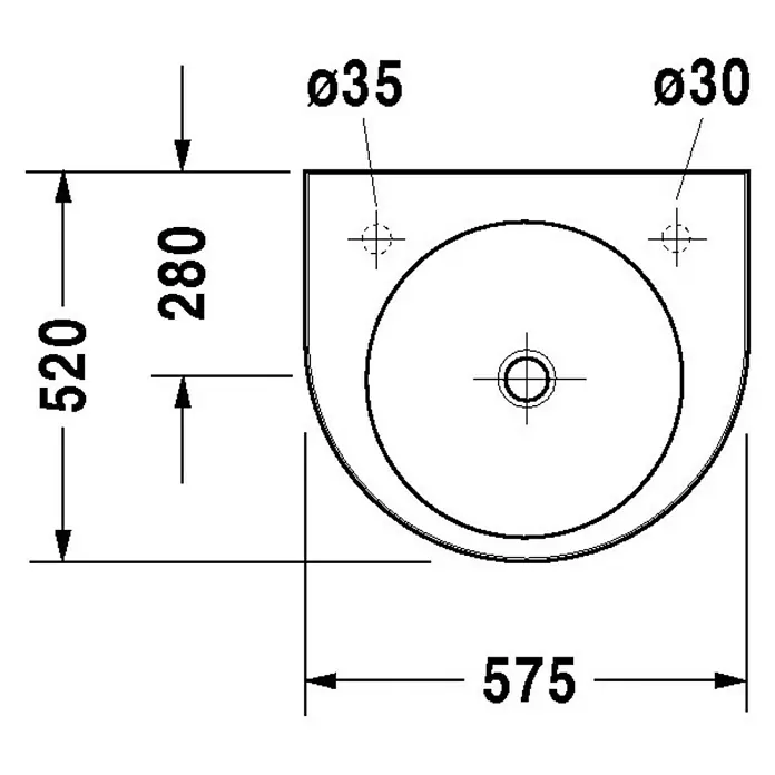 Duravit Architec Waschtisch - 57,5 x 52 cm, Ohne Spezialglasur, Hahnloch: Ohne, Ohne Überlauf, Weiß - Skizze