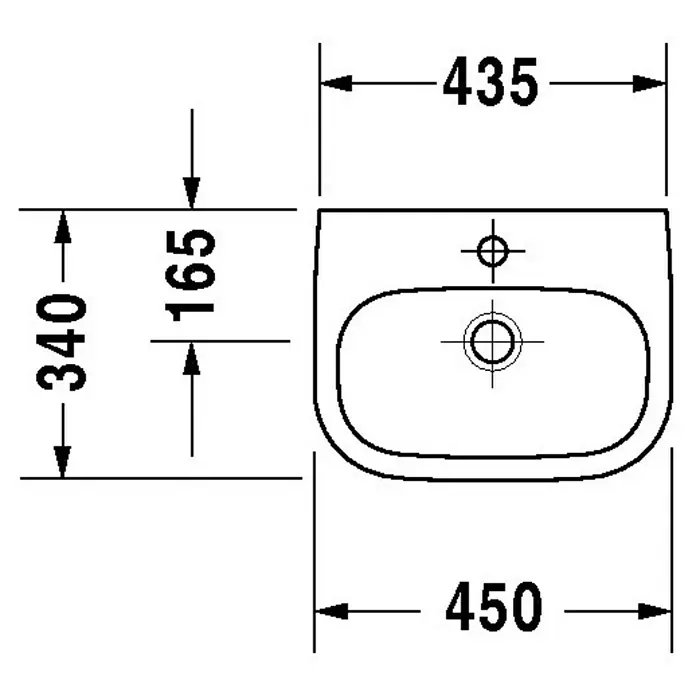 Duravit D-Code Waschbecken Med - 45 x 34 cm, Ohne Spezialglasur, Hahnloch: Mitte, Ohne Überlauf, Weiß - Skizze