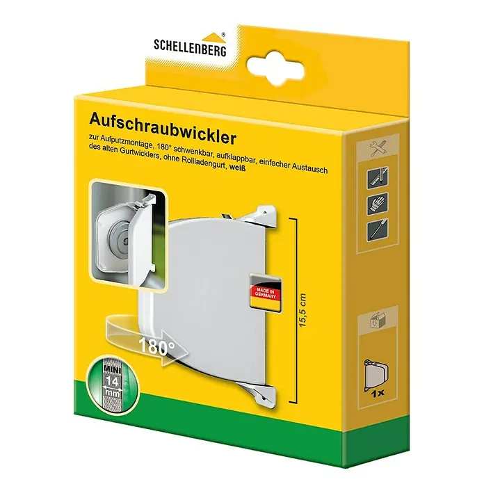 Schellenberg Aufschraubwickler Mini - L x B x H: 165 x 140 x 25 mm, Gurtbreite: 14 mm, Weiß, Aufklappbar