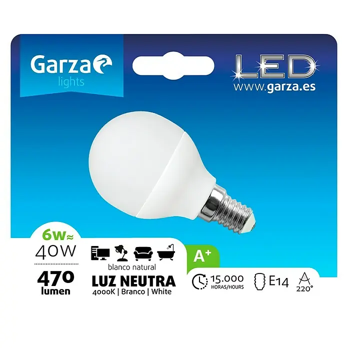 Garza Bombilla LED - E14, 6 W, 470 lm, Blanco neutro