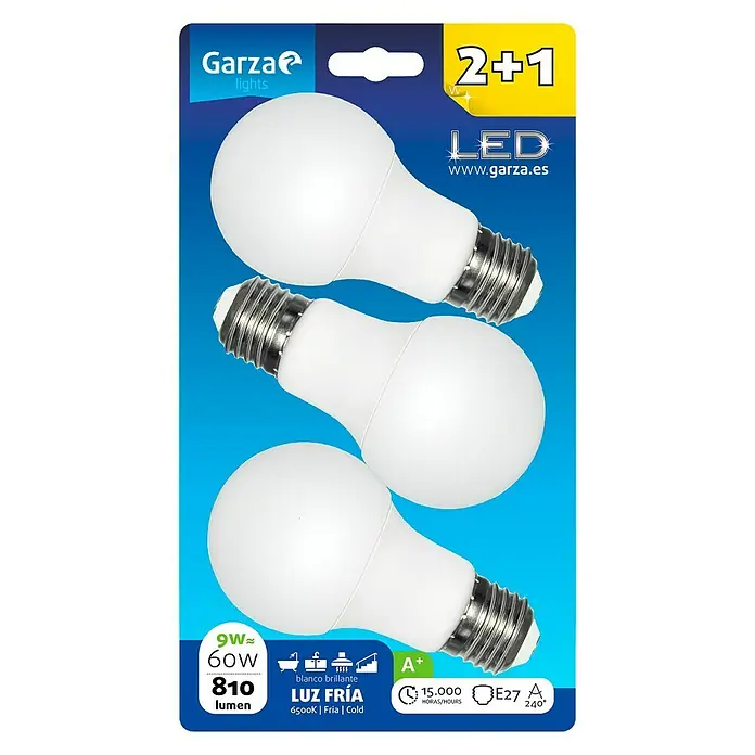Garza Bombilla LED - 3 uds., 9 W, E27, Color de luz: Blanco frío