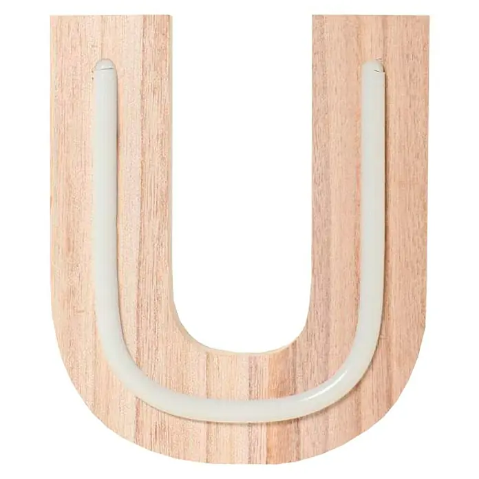 Letra LED neón de madera - U, Madera, Color de luz: Blanco neutro