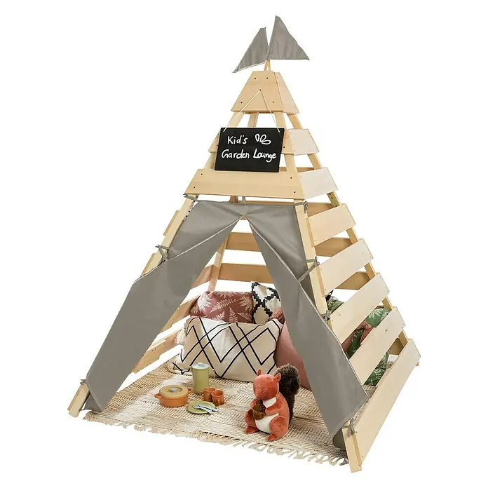 Muddy Buddy Tipi-Zelt Dreamer - L x B: 135 x 135 cm, Holz, Natur/Warmgrau - Vorderansicht