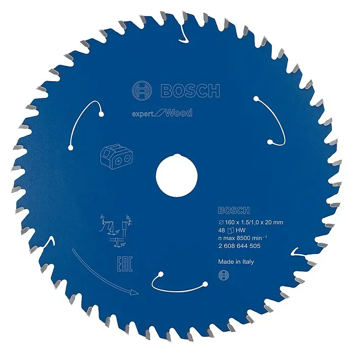 Bosch Kreissägeblatt Expert for Wood - Durchmesser: 160 mm, Bohrung: 20 mm, Anzahl Zähne: 48 Zähne - Vorderansicht