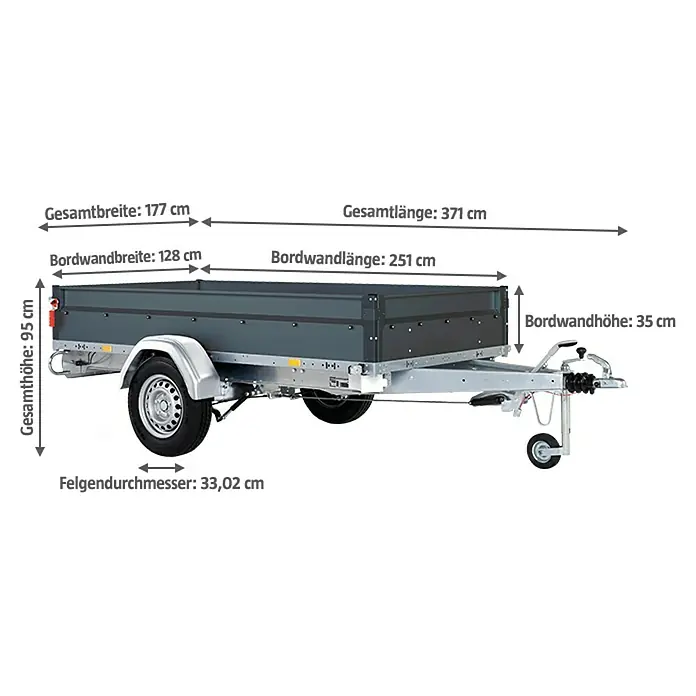 Stema Anhänger BASIC ST 1300-25-13.1 - Nutzlast: 1.040 kg, Einachser, Kasteninnenmaß: 251 x 128 x 35 cm, Gebremst - Diagonale Ansicht