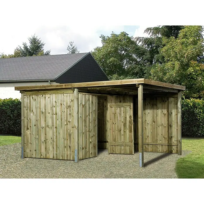 Weka Gerätehaus 607 - Außenbreite inkl. Dachüberstand: 408 cm, Außentiefe inkl. Dachüberstand: 318 cm, Holz, Natur, Mit Rückwand - Stimmungsaufnahme
