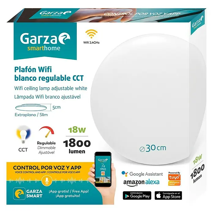 Garza Plafón LED redondo WiFi Smart - 18 W, Ø x Al: 300 mm x 5 cm, Blanco, Blanco cálido