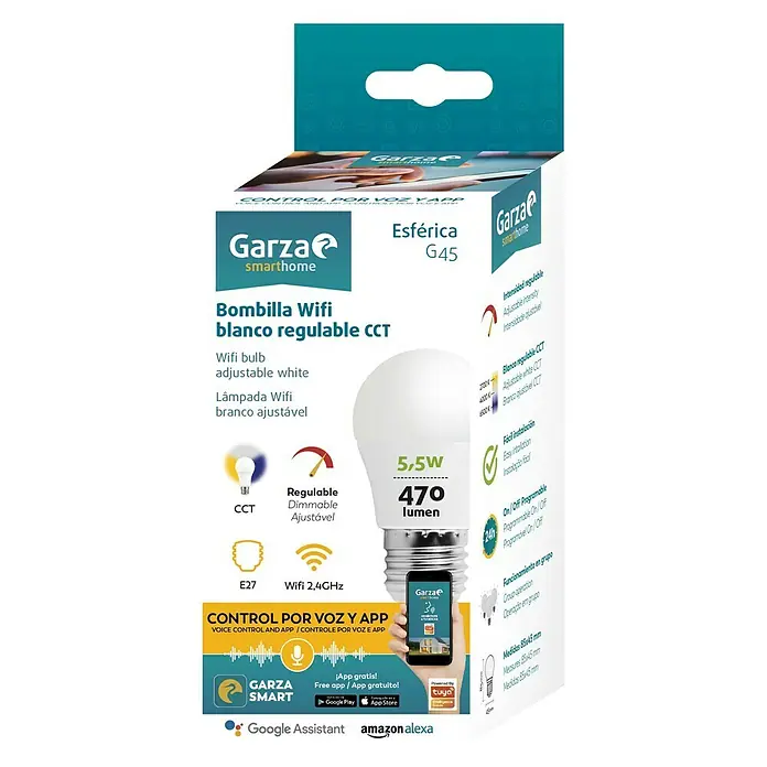 Garza Smart Home Bombilla LED - 5,5 W, E27, Color de luz: Blanco neutro, Intensidad regulable, Redonda