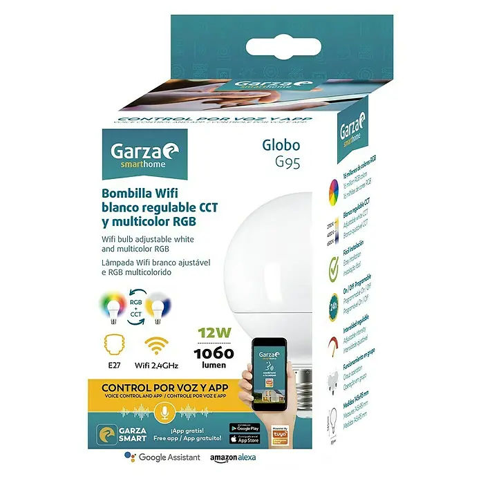 Garza Smart Home Bombilla LED RGB Globo - 12 W, E27, Color de luz: RGBW, Intensidad regulable, Redonda