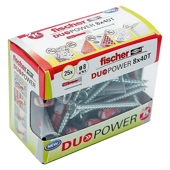 Fischer Duopower Set de tacos y tornillos S DIY - Ø x L: 8 x 40 mm, Nylon, 25 uds.
