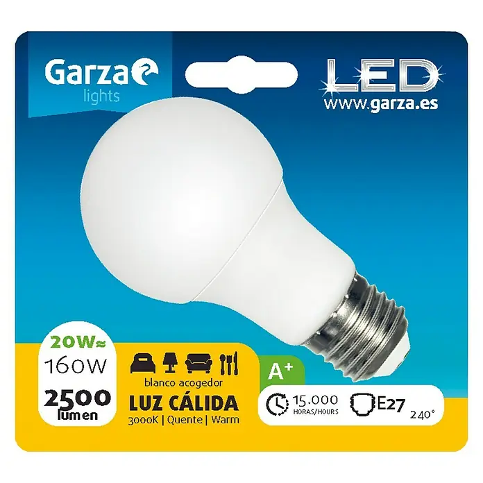 Garza Bombilla LED - 20 W, E27, Blanco cálido, 2.500 lm