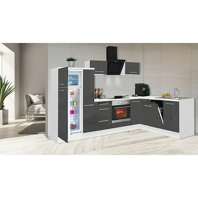Respekta Premium Winkelküche RP290WGCBO - 200 x 290 cm, Mit Elektrogeräten, Grau Hochglanz