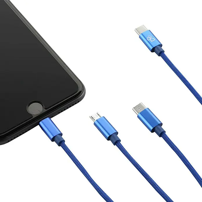BAUHAUS USB-Ladekabel - Blau, 1 m, USB C-Stecker, USB Micro-Stecker, Lightning-Stecker - Vorderansicht
