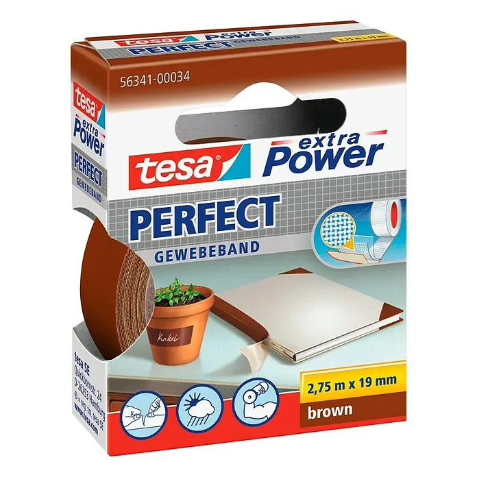 Tesa Extra Power Gewebeband PERFECT - Braun, 2,75 m x 19 mm - Linke Seitenansicht