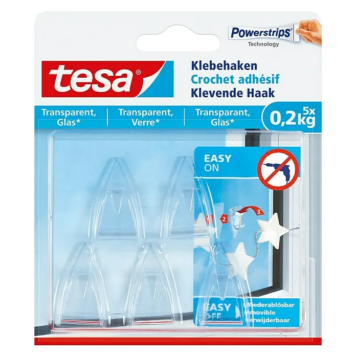Tesa Klebehaken - Geeignet für: Glas, Belastbarkeit: 0,2 kg, 5 Stk., Transparent - Vorderansicht