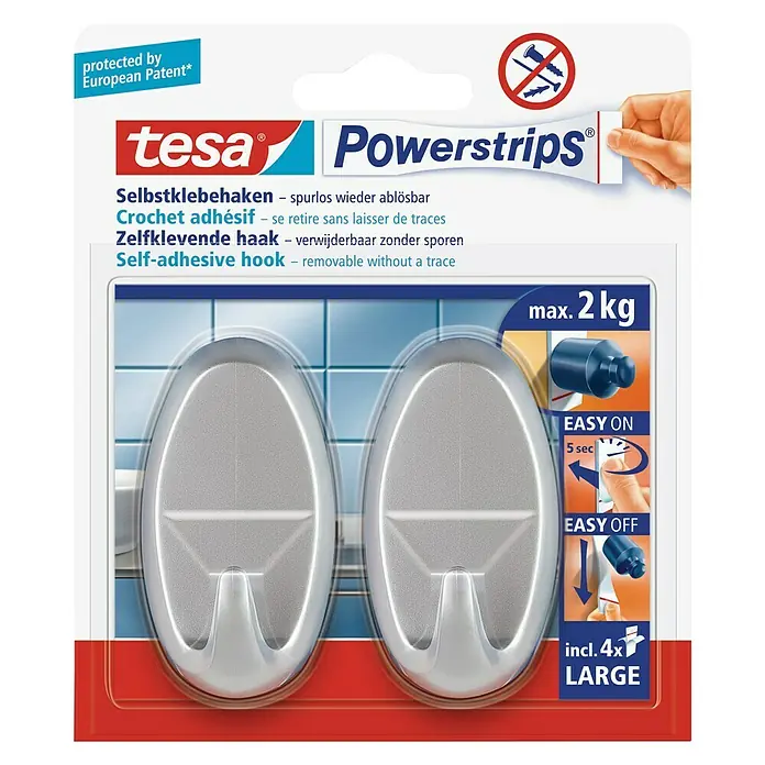 Tesa Powerstrips Samoljepljivi držač - Ovalno, Veličina: L, Mat krom, 2 Kom. - Pogled sprijeda