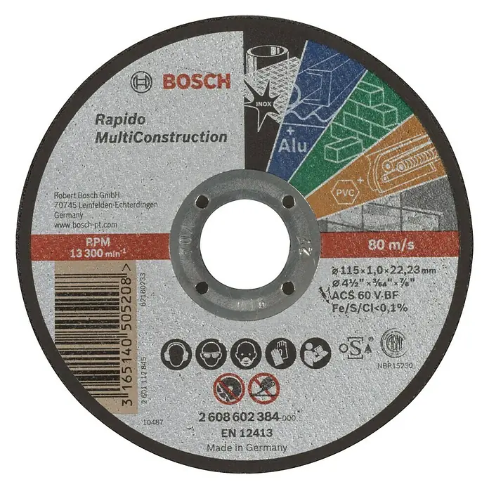 Bosch Professional Rezni disk Rapido Multi Construction - Promjer rezne ploče: 115 mm, Prikladno za: Materijali za gradilište - Pogled sprijeda