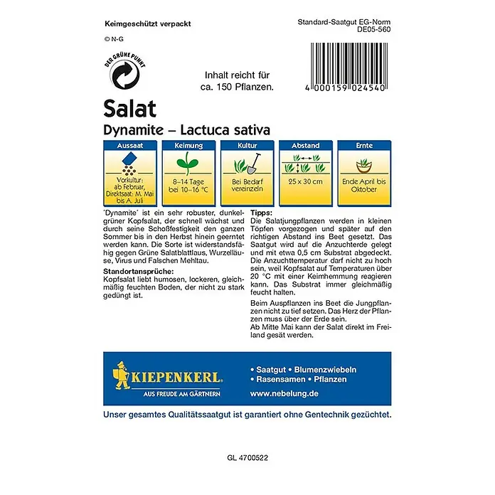 Kiepenkerl Profi-Line Salatsamen Kopfsalat Dynamite - Lactuca sativa var. capitata, Erntezeit: April - Rückansicht