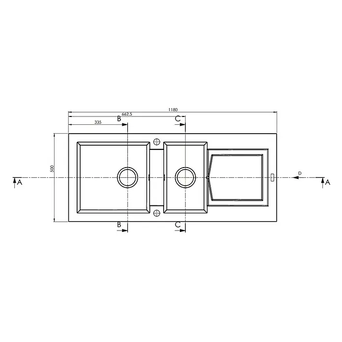 Carea Einbauspüle Katla - 118 x 50 cm, 2 Becken, CAREAlith®, Weiß - Ansicht von oben