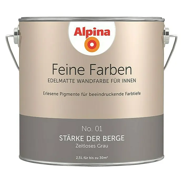 Alpina Wandfarbe Stärke der Berge - 2,5 l, Stärke der Berge, No. 01 - Zeitloses Grau, Matt - Vorderansicht
