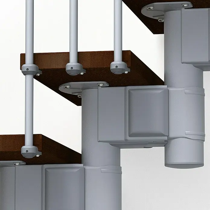 Fontanot Arké Mittelholmtreppe Kompact 89 - Breite: 89 cm, Grau Metallic, 1/4-gewendelt, Farbe Stufen: Buche Dunkel, Geschosshöhe: 191 cm - 303 cm - Detailaufnahme