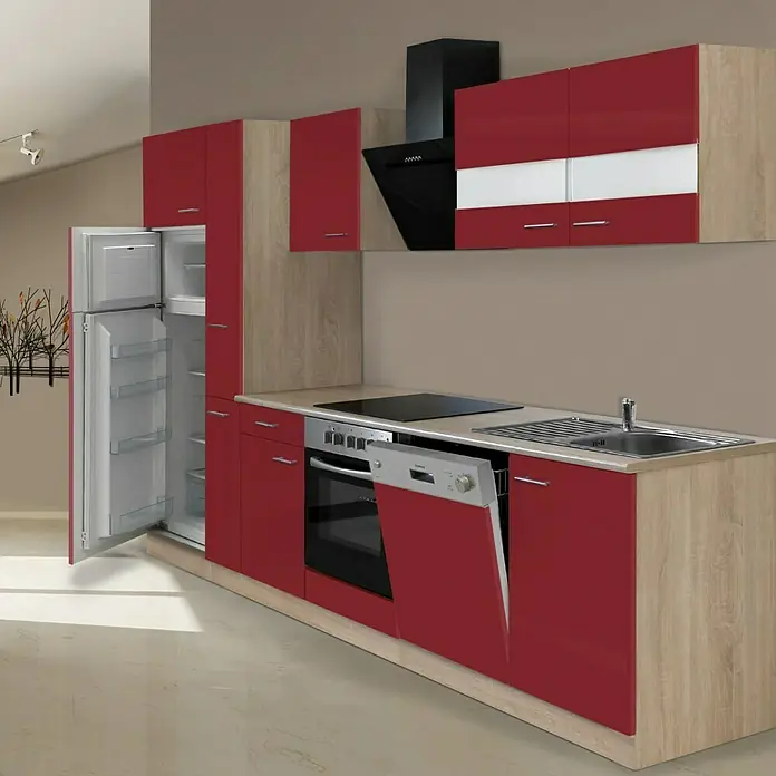 Respekta Küchenzeile KB310ESRCGKE - Breite: 310 cm, Mit Elektrogeräten, Rot
