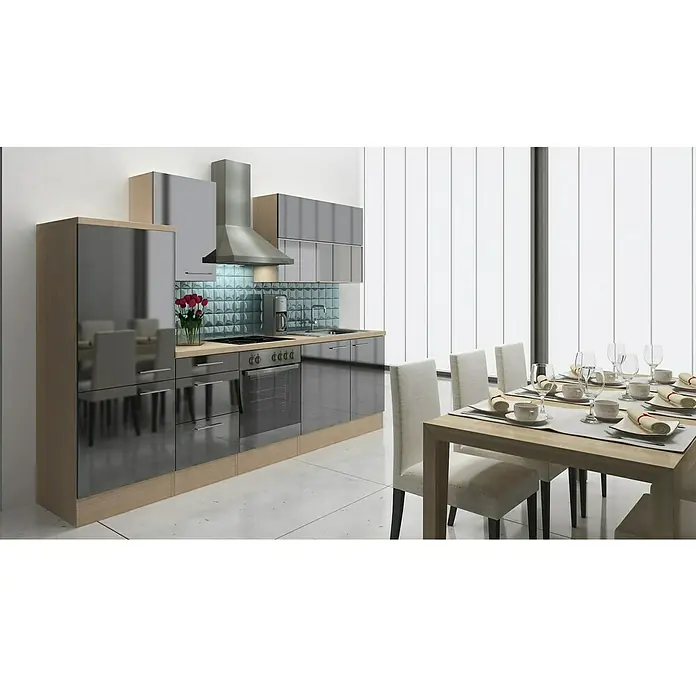Respekta Küchenzeile Premium RP280ASC - L x B x H: 280 x 60 x 200 cm, Akazie-Nachbildung, Schwarz Hochglanz