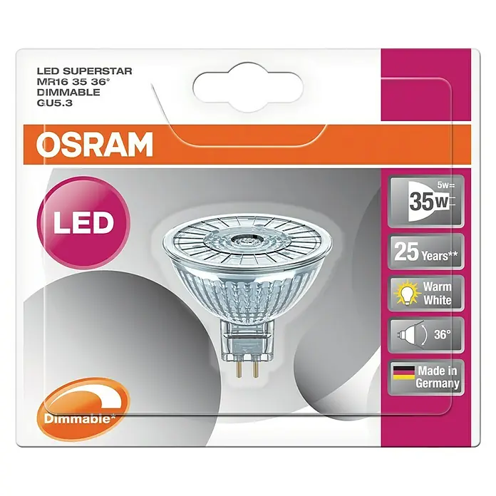 Osram LED reflektorska svjetiljka Superstar MR16 - 5,3 W, Kut svjetlosnog snopa: 36 °, Topla bijela, Može se prigušiti - Pogled odozgo