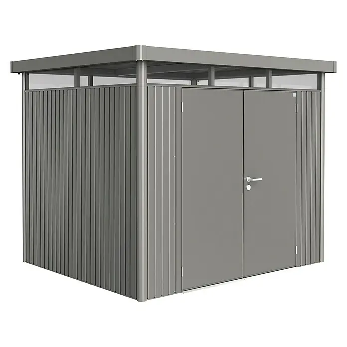 Biohort Gerätehaus HighLine H3 DT - Außenbreite inkl. Dachüberstand: 275 cm, Außentiefe inkl. Dachüberstand: 235 cm, Stahl, Quarzgrau Metallic, Doppeltür - Vorderansicht