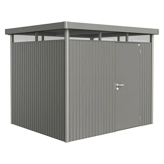 Biohort Gerätehaus HighLine H3 ST - Außenbreite inkl. Dachüberstand: 275 cm, Außentiefe inkl. Dachüberstand: 235 cm, Stahl, Quarzgrau Metallic, Einzeltür - Vorderansicht