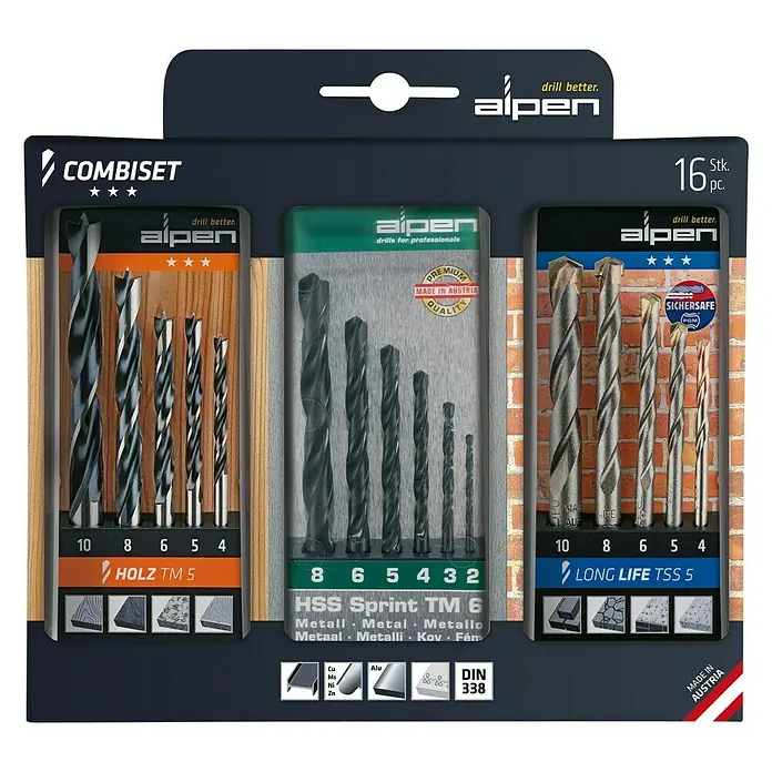 Alpen Bohrer-Set - 16 -tlg., Geeignet für: Holz/Metall/Stein