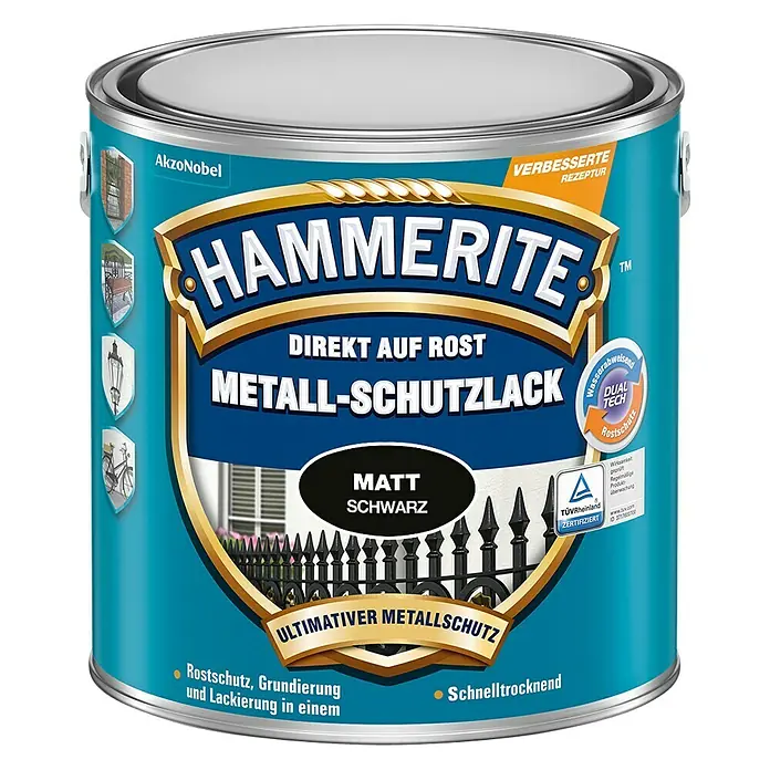 Hammerite Metall-Schutzlack - Schwarz, 1 l, Matt, Lösemittelhaltig - Vorderansicht