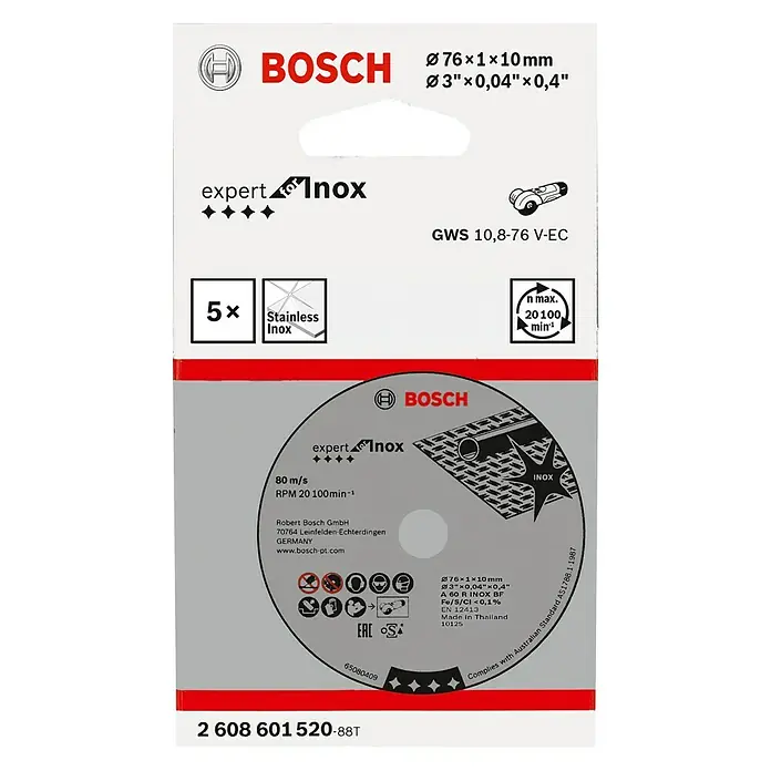 Bosch Professional Rezni disk A 60 R INOX BF - Promjer rezne ploče: 76 mm, Debljina plohe: 1 mm, Prikladno za: Plemeniti čelik, Namijenjeno za: Bosch Professional akumulatorske kutne brusilice GWS 12V-76 - Pogled sprijeda