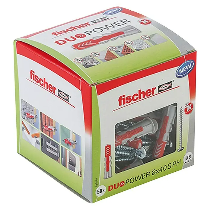 Fischer Tiple s vijcima Duopower - Promjer tiple: 8 mm, Duljina tiple: 40 mm, 50 kom, Panhead vijak - Pogled sprijeda