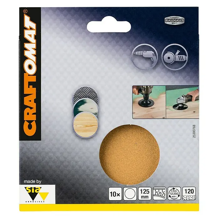 Craftomat Set listova za brušenje - Promjer: 125 mm, 10 Kom., Granulacija: 120 - Pogled sprijeda