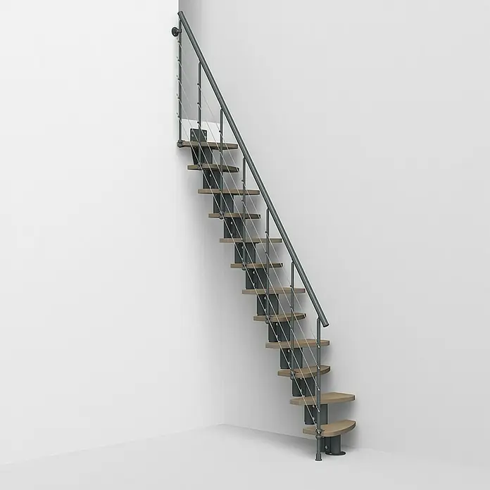 Fontanot Raumspartreppe Zen 2 Tube - Breite: 61 cm, Anthrazit, Anzahl Steigungen: 13 Stk., Farbe Stufen: Birke Ulme Hell, Geschosshöhe: 250 cm - 304 cm - Vorderansicht