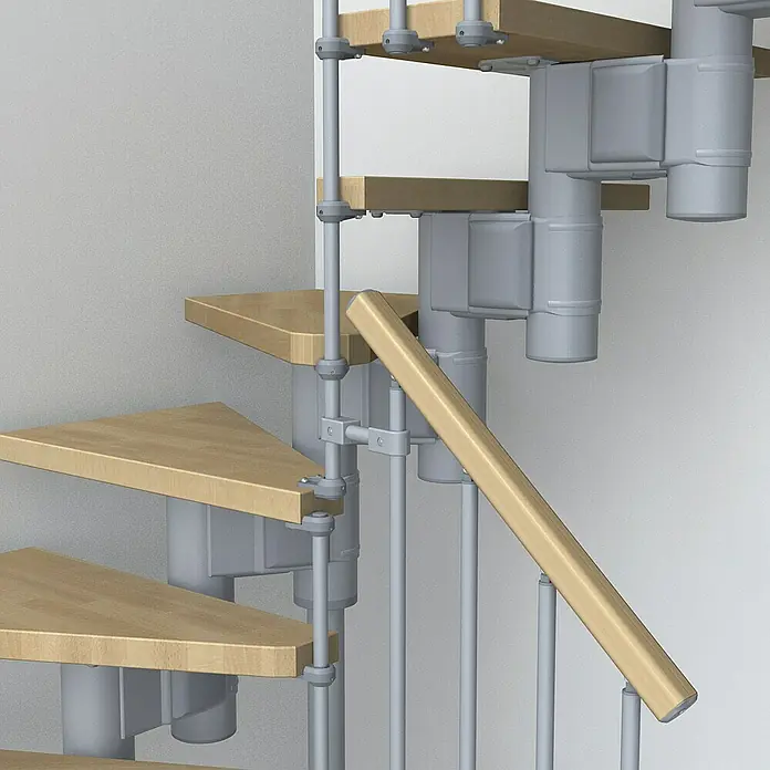 Fontanot Arké Mittelholmtreppe Kompact 89 - Breite: 89 cm, Grau Metallic, 2/4-gewendelt, Farbe Stufen: Buche Hell, Geschosshöhe: 225 cm - 303 cm - Detailaufnahme