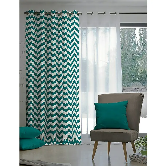 Cortina con ollaos Cantabria - 140 x 260 cm, 100% poliéster, Blanco roto/Verde