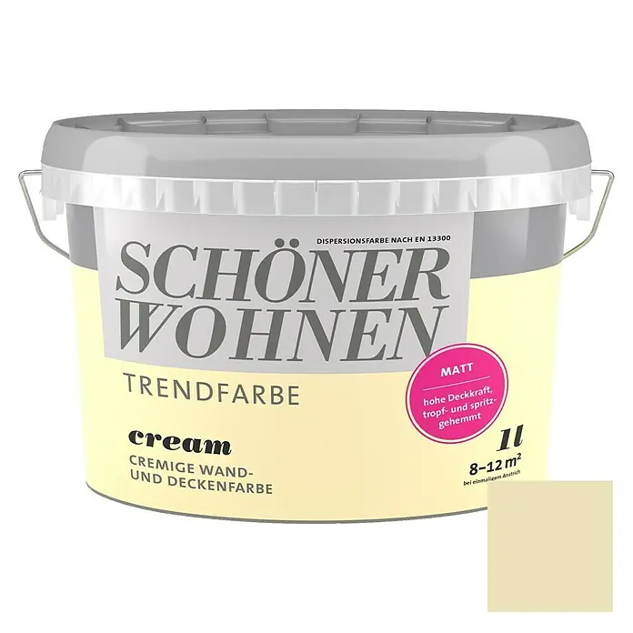 SCHÖNER WOHNEN-Farbe Wandfarbe Trendfarbe - Cream, 1 l, Matt, Konservierungsmittelfrei - Vorderansicht