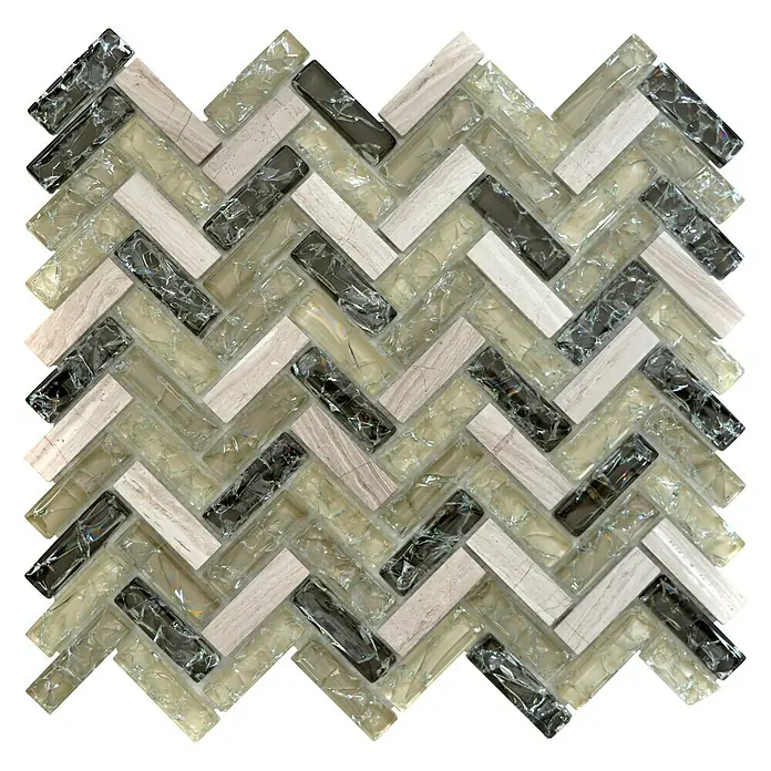 Mosaikfliese Fischgrät Crystal Mix XIC HB1552 - 26,3 x 29,3 cm, Grau/Grün, Glänzend - Ansicht von oben