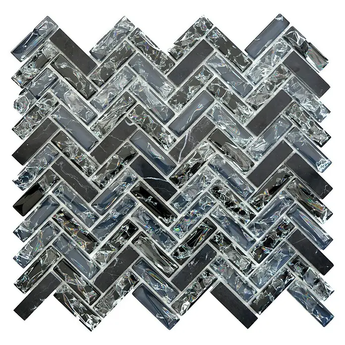 Mosaikfliese Fischgrät Crystal Mix XIC HB1528 - 26,3 x 29,3 cm, Schwarz, Glänzend - Ansicht von oben